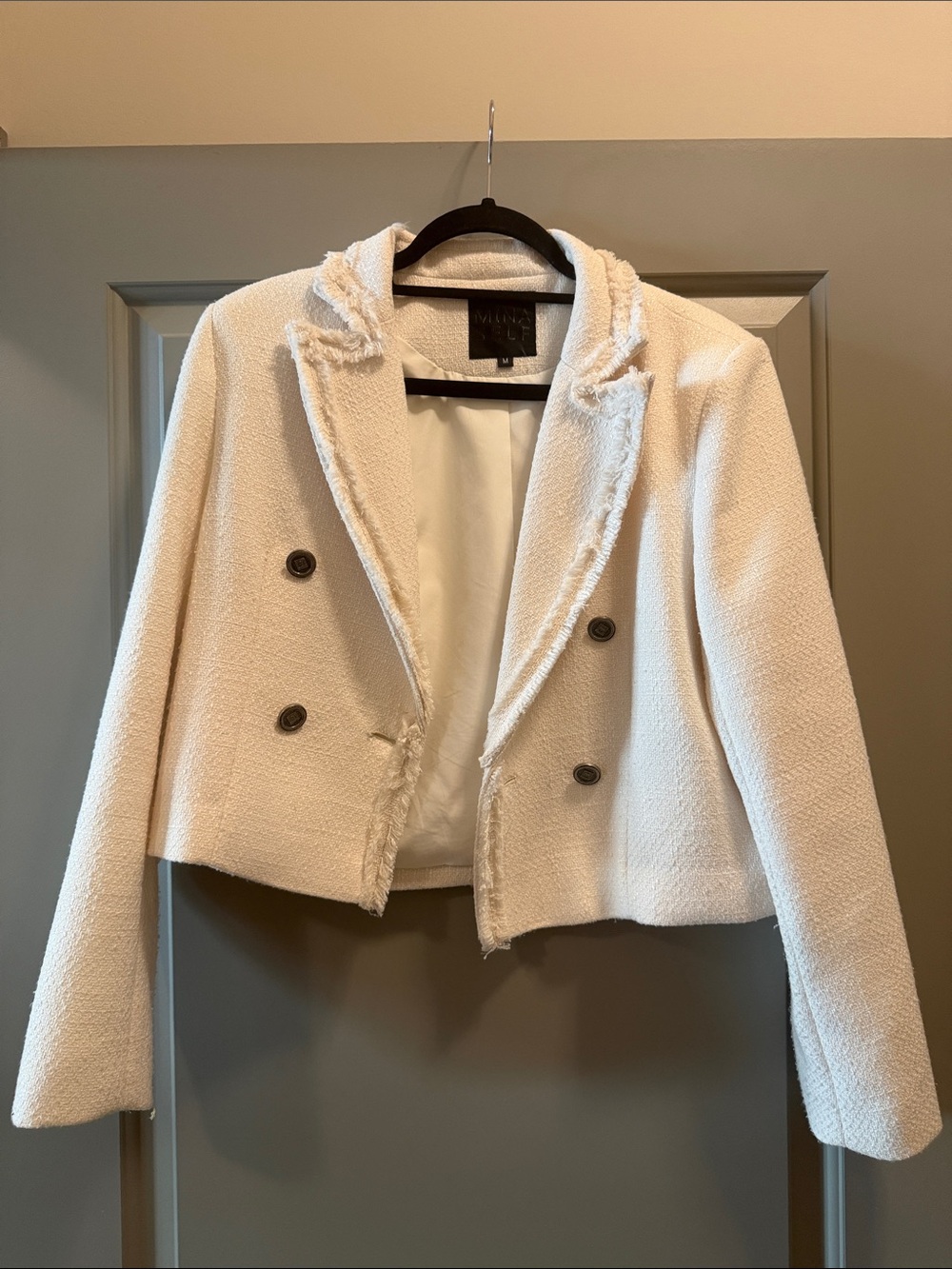 Cropped Ivory Double-Breasted Bouclé Blazer